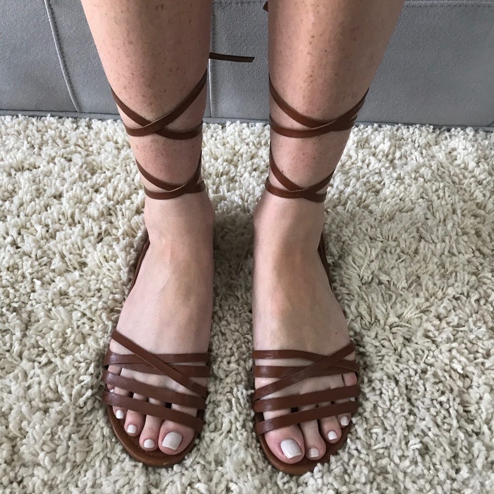 brown leather gladiator lace up sandals