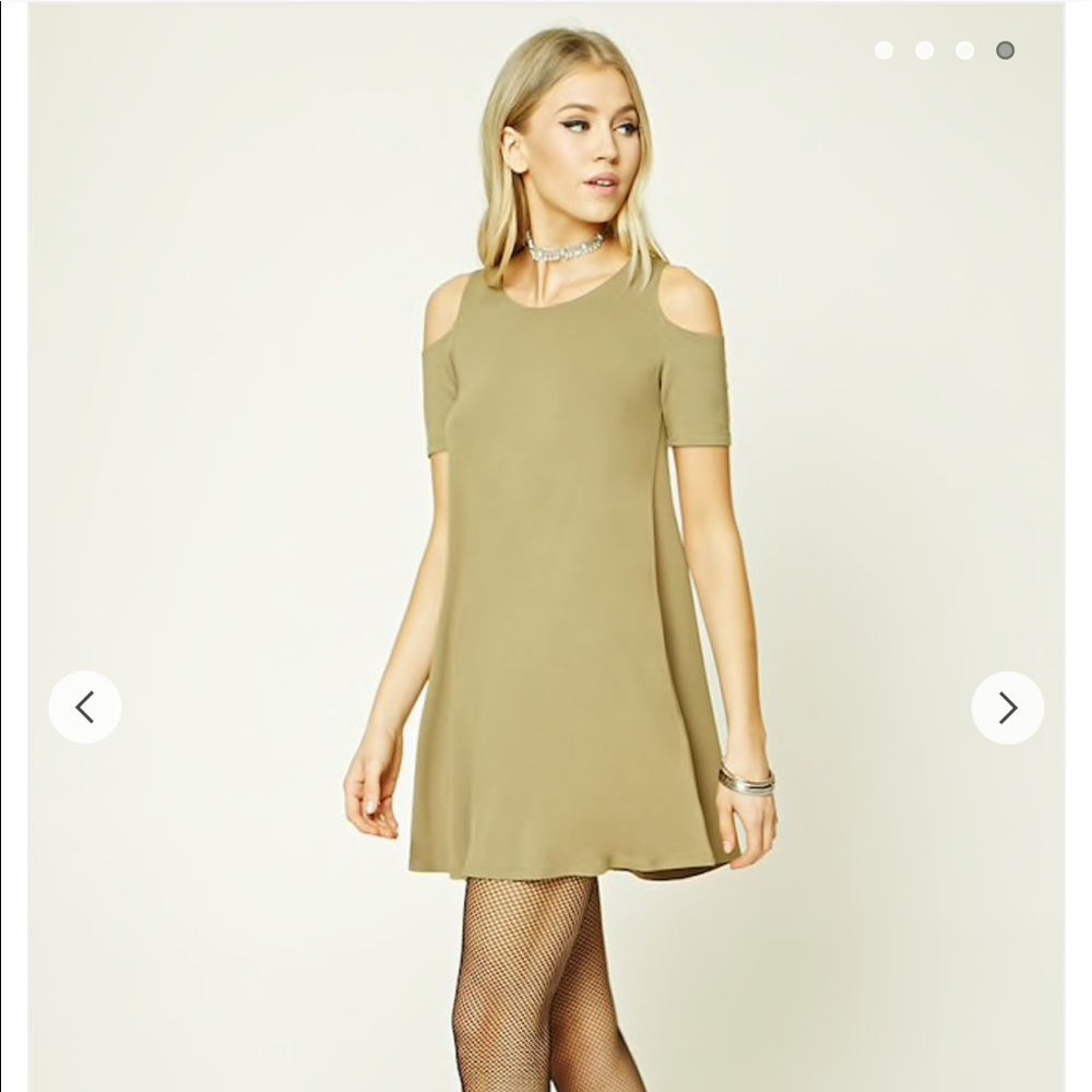F21 light olive open shoulder swing dress