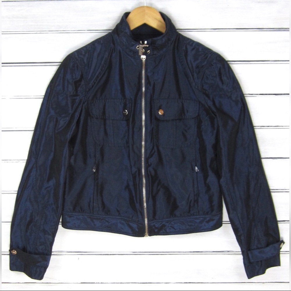 RALPH LAUREN LRL Blue Metallic Satin Bomber Jacket