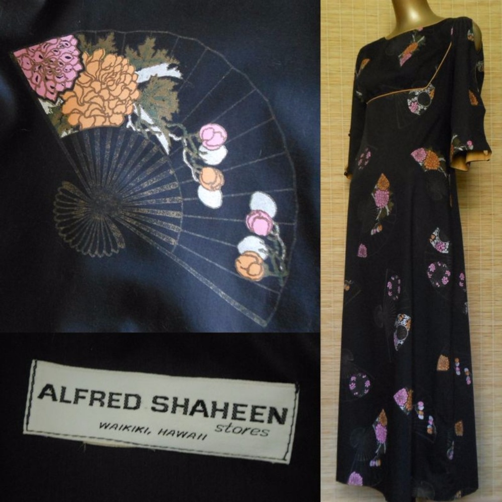 SOLD Alfred Shaheen Caftan Metallic Fan Print S