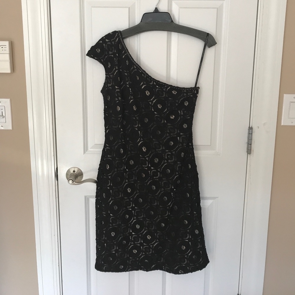 One shoulder black lace cocktail dress