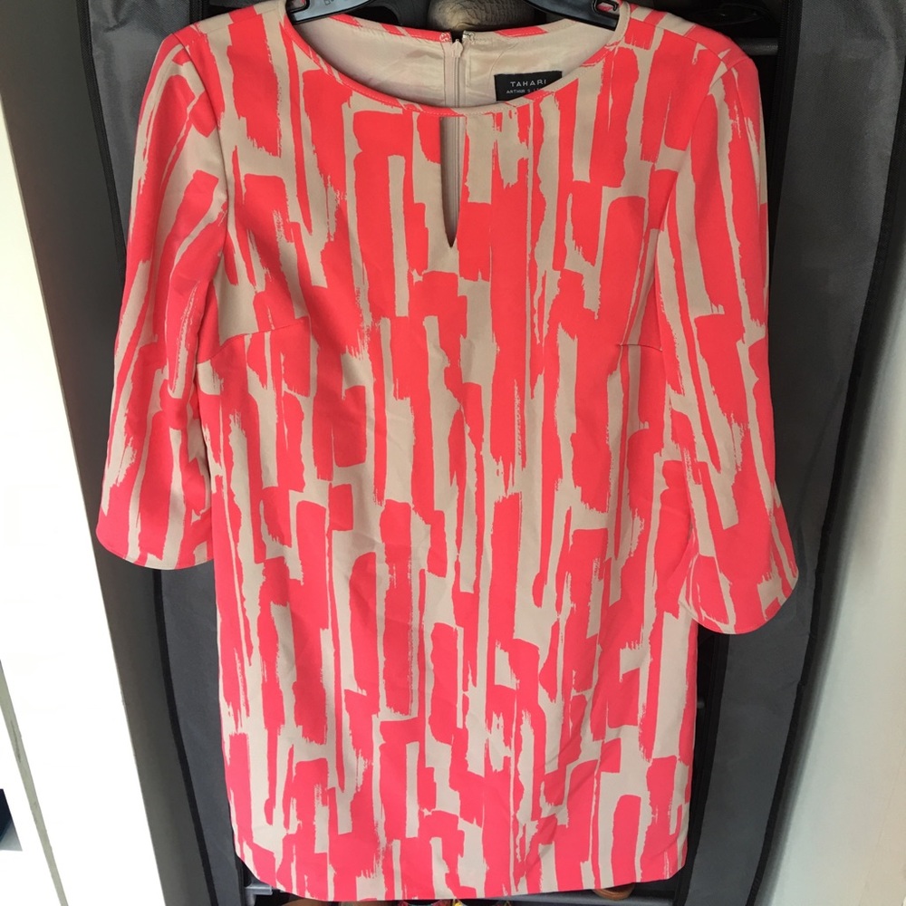 Tahari Coral and tan dress