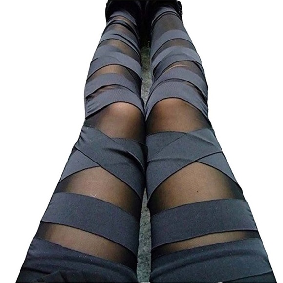 NWT Nylon Solid Color Bandage Mesh Black Leggings - Picture 4 of 7