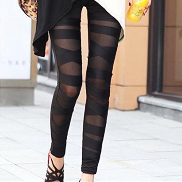 NWT Nylon Solid Color Bandage Mesh Black Leggings - Picture 3 of 7