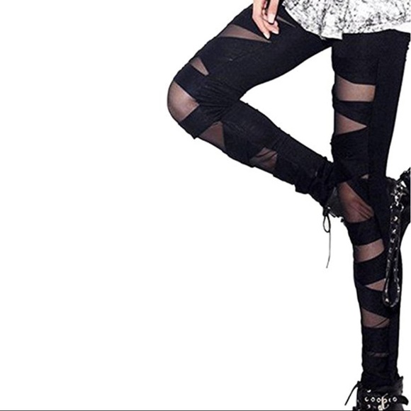 NWT Nylon Solid Color Bandage Mesh Black Leggings - Picture 5 of 7