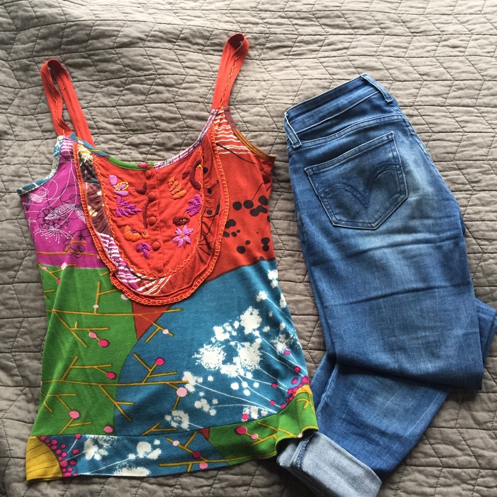 Embroidered and beaded patterned urban tank top