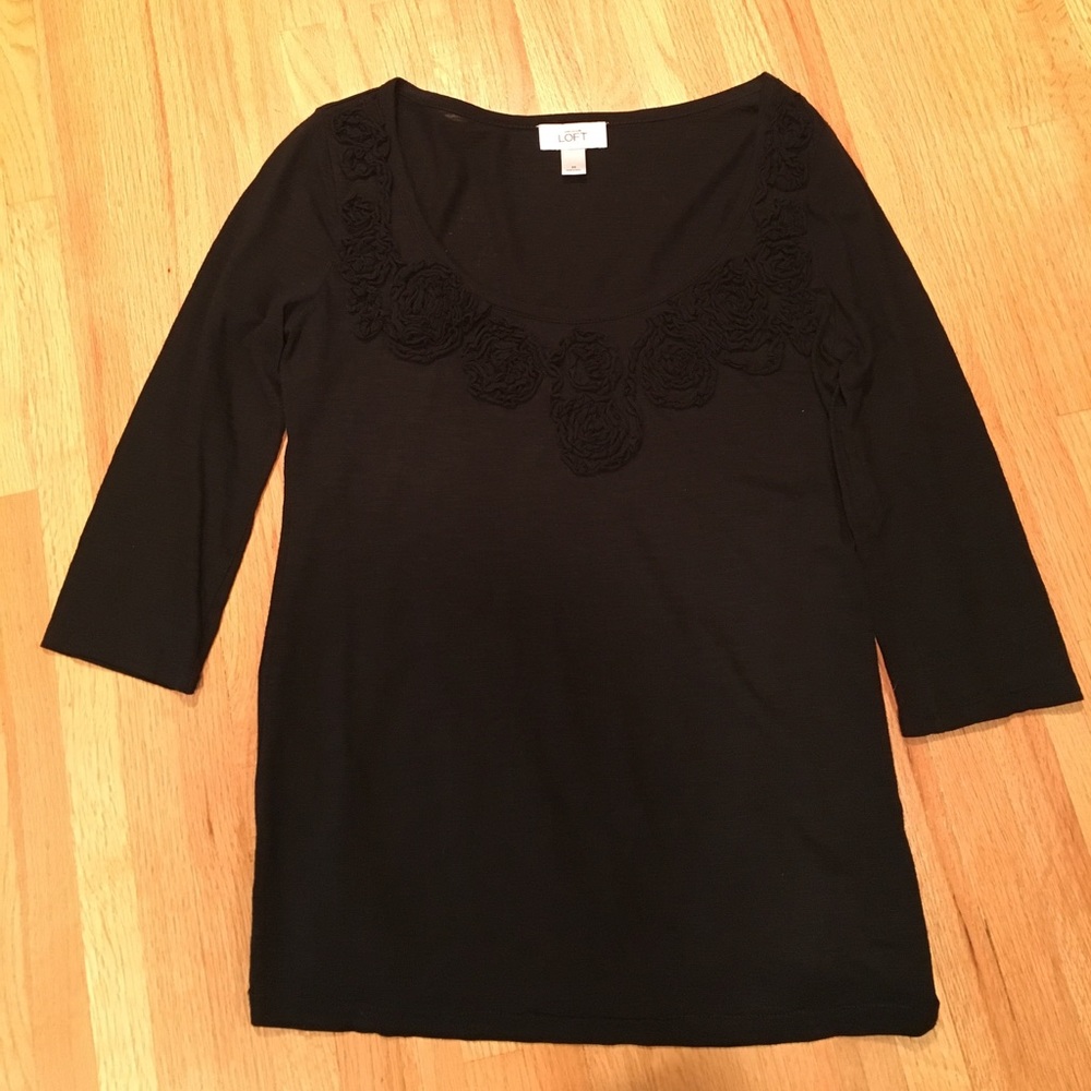 Loft Black 3/4 Sleeve Shirt with Rosebud Detail -M