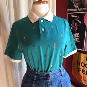 Exotic bird print polo with white collar