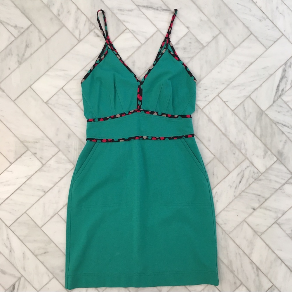 ZSpoke teal dress with navy patten trim