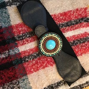 Genuine stone elastic belt black turquoise Boho