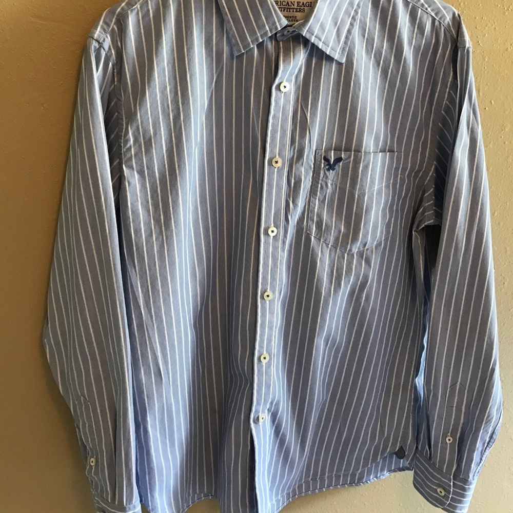 AEO Blue & White Striped Casual Button Down