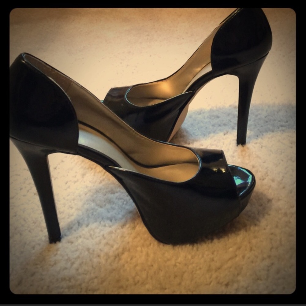 Classic Open Toe Black Patent Heels / Pumps