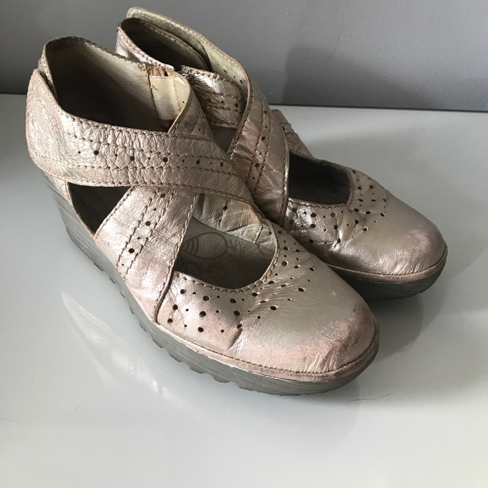 Fly London antique gold wedges