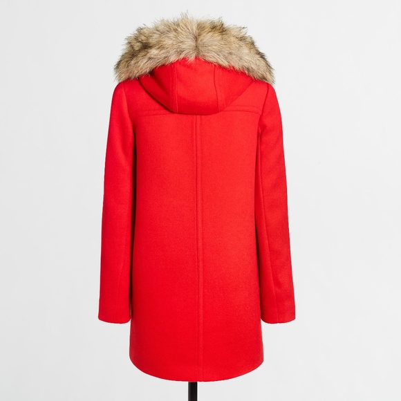 red coat with fur trim hood
