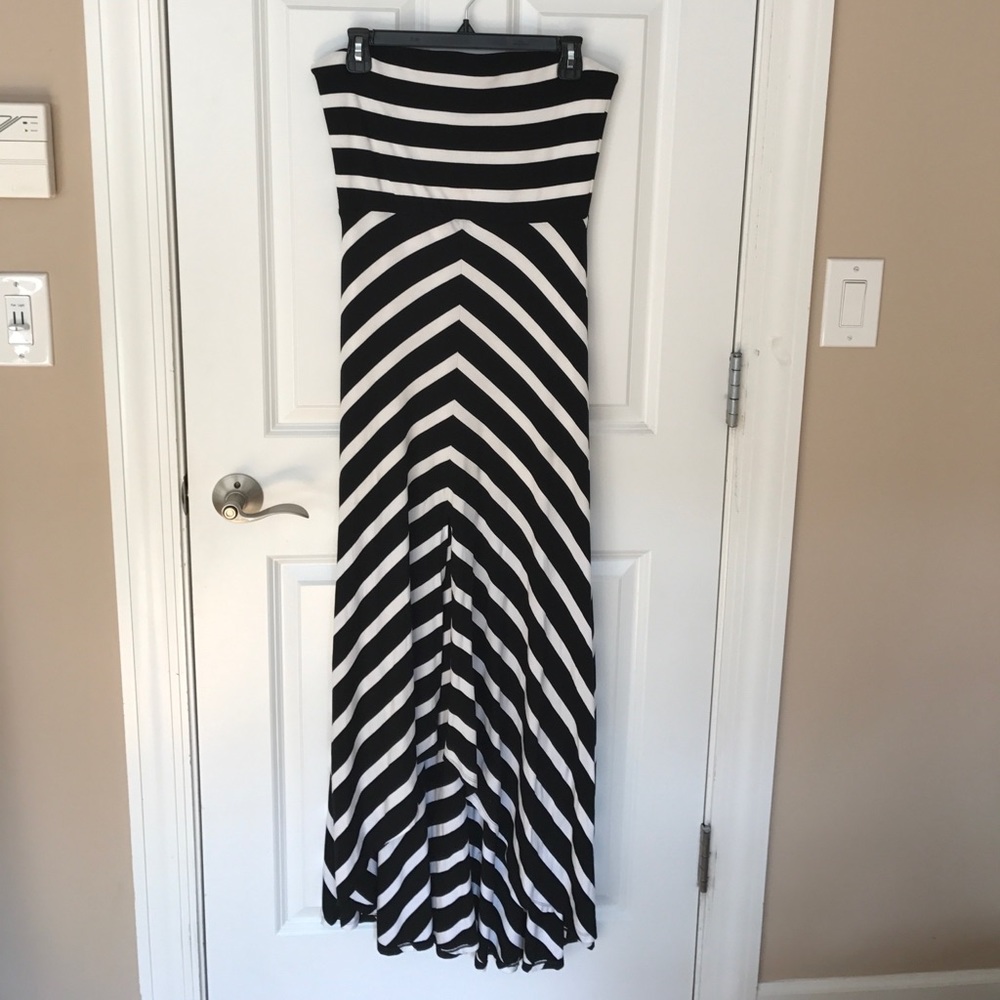 Strapless black & white striped maxi dress