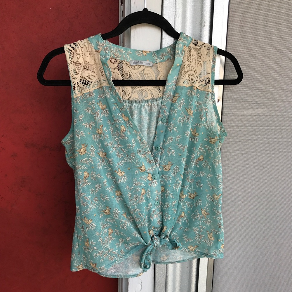 green bird print tie-up tank