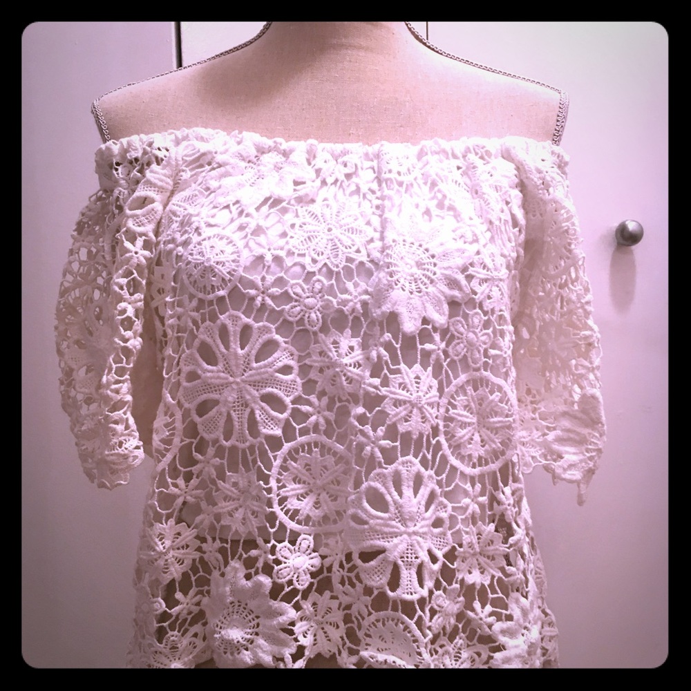 Nightcap clothing off shoulder crochet lace top