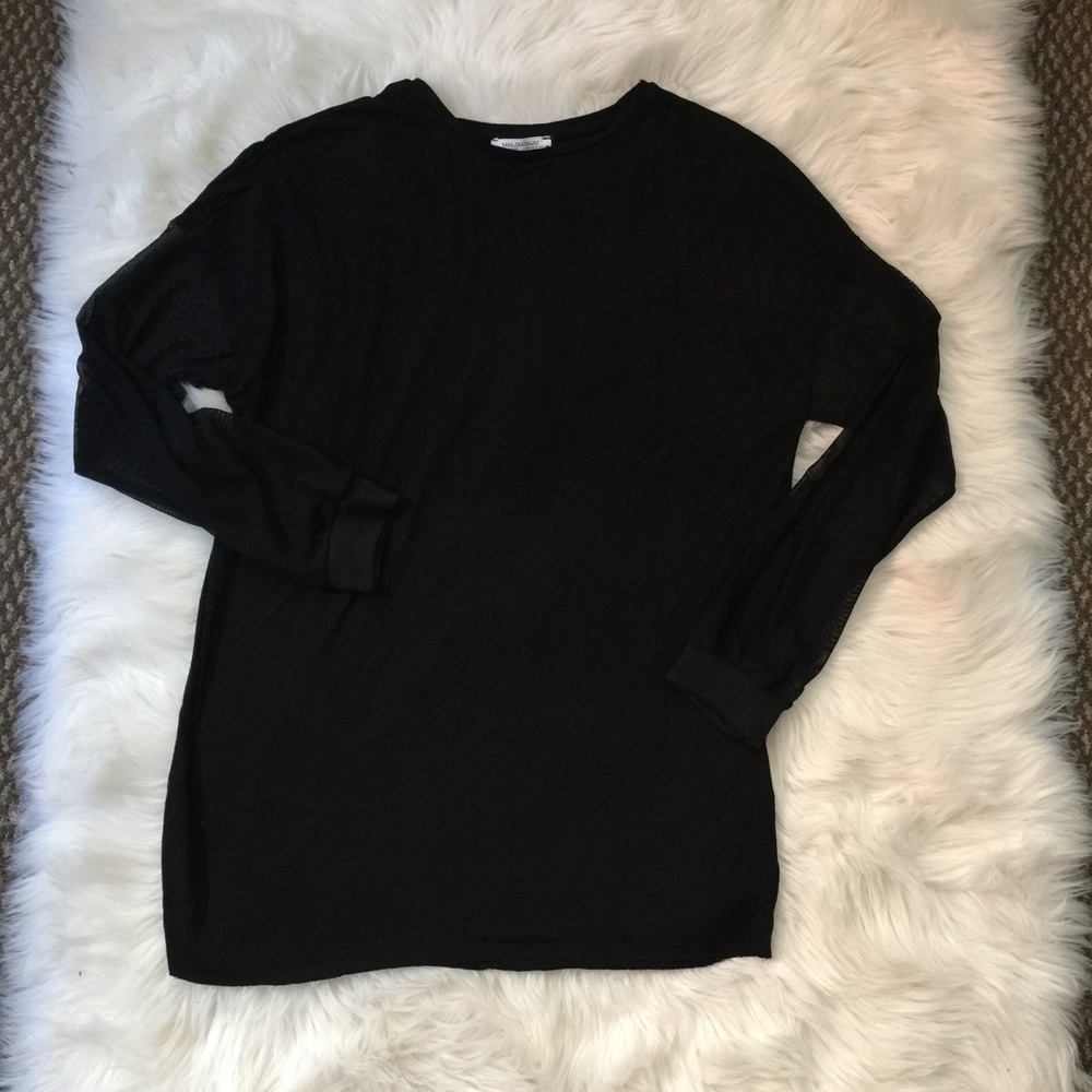 Zara Black Tee shirt Long Mesh Sleeve S worn once