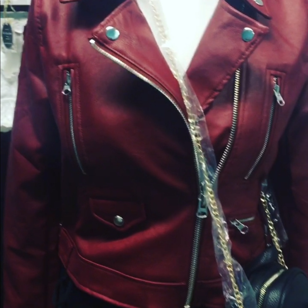 Faux Leather Moto Jacket - Red