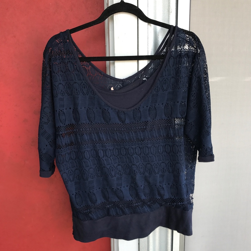 lacy dark blue long-sleeved blouse