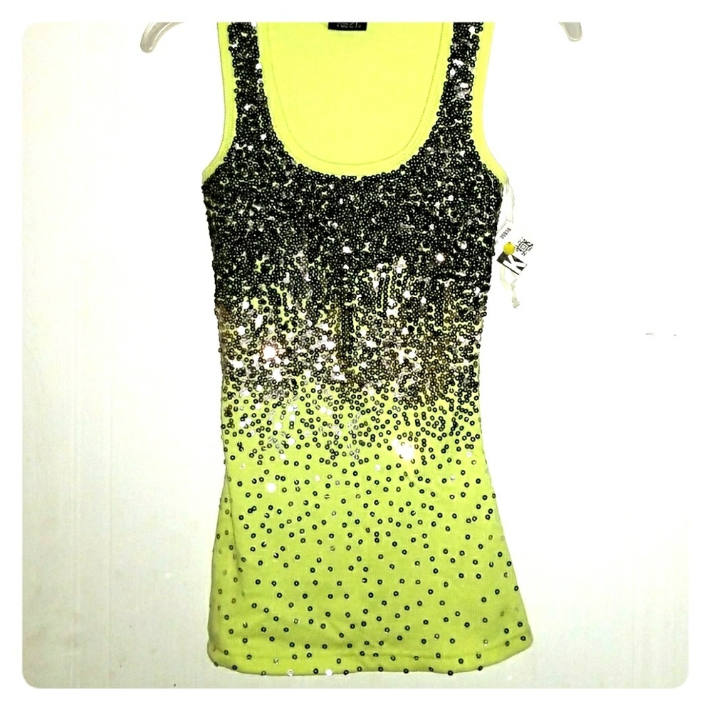 Neon yellow holographic sequin tank top