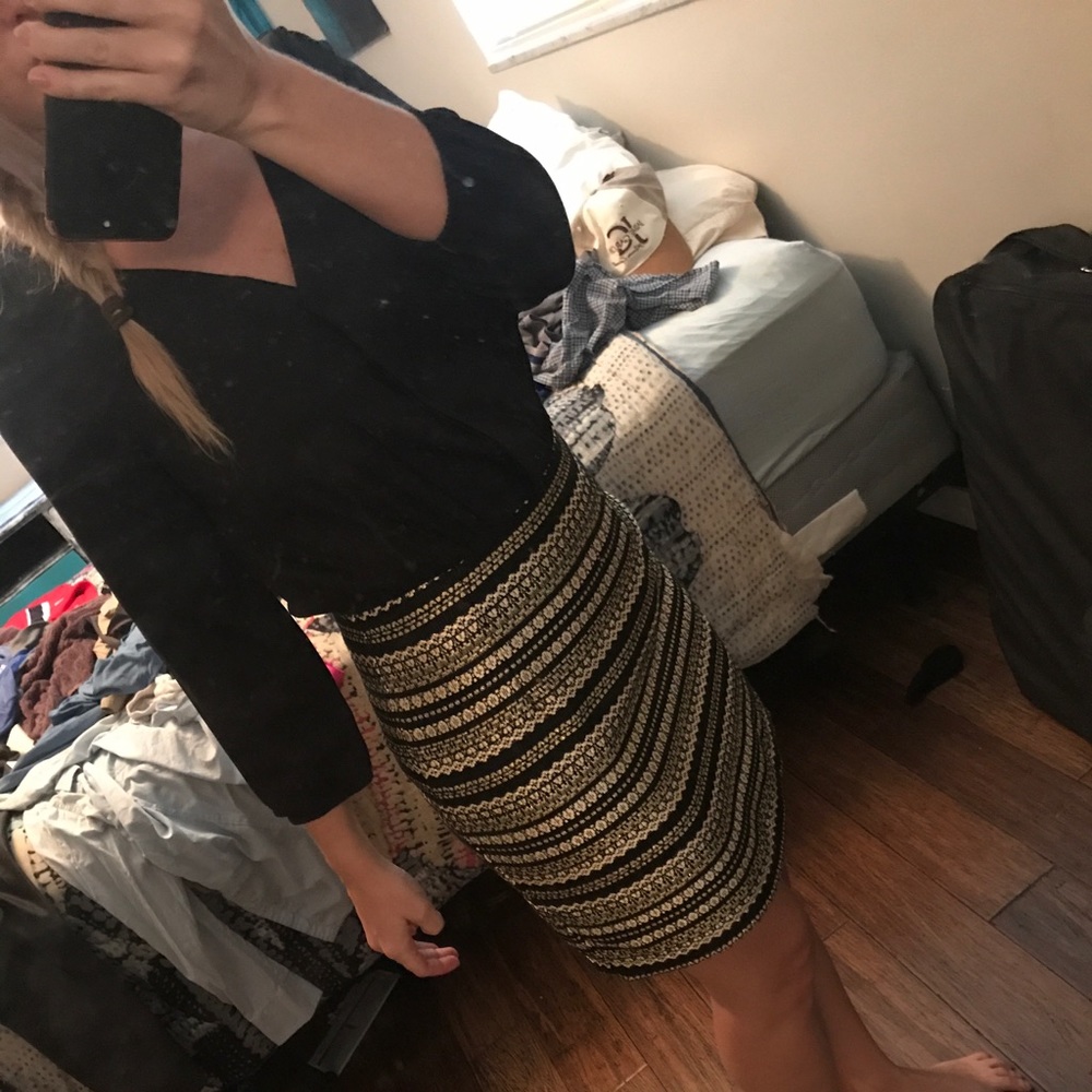 Skies Are Blue. black and gold dress
