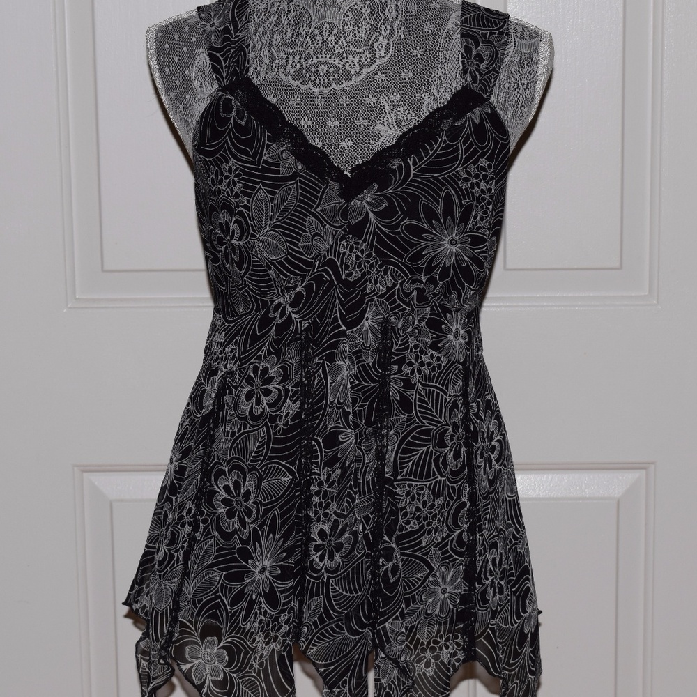 Black and White Flowy Tank Top with Tie in Back