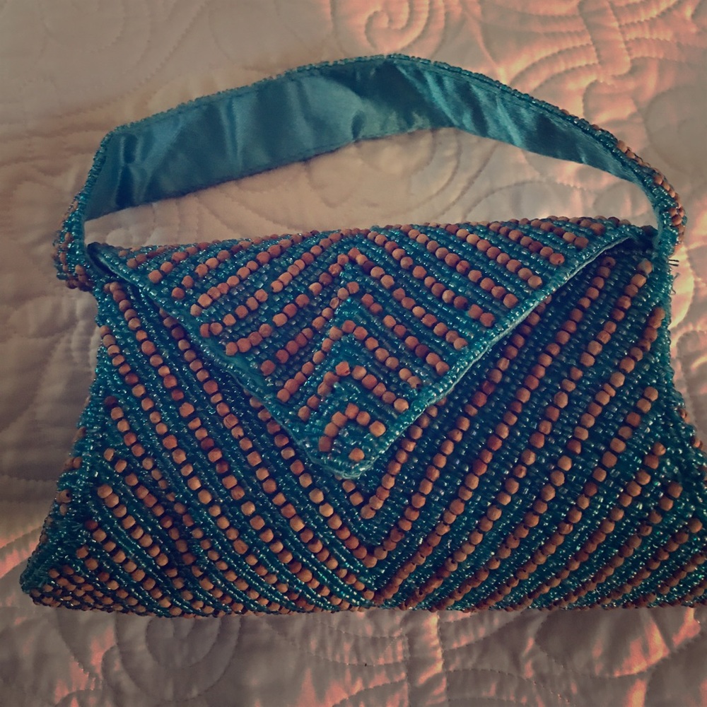 Cute wood beaded turquoise purse