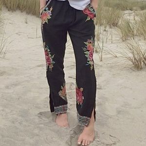 Black linen embroidered ankle pants