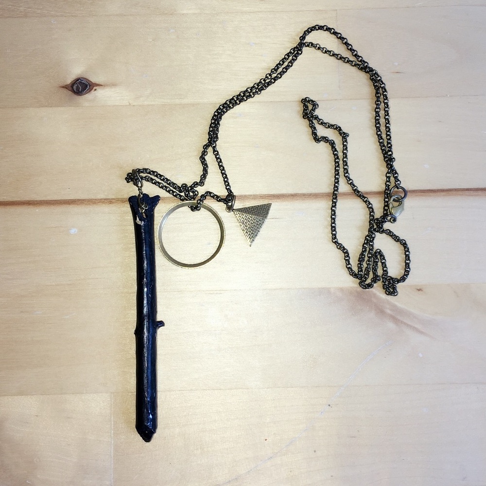 Spiritual Pyramid Wooden Brass Necklace Goldentone