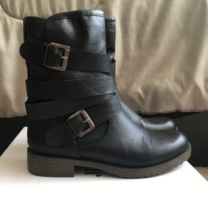 JUST FAB black wrap buckle boot. NEW WITH BOX.