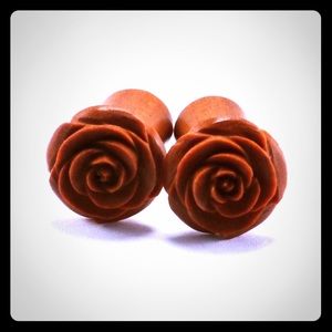 Rose Fake Gauges – Hand Carved Rose Earrings
