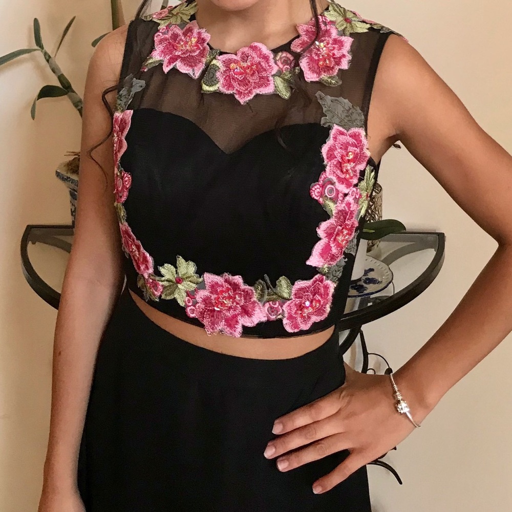 Two Piece Pink Floral Prom/ Homecoming Dress