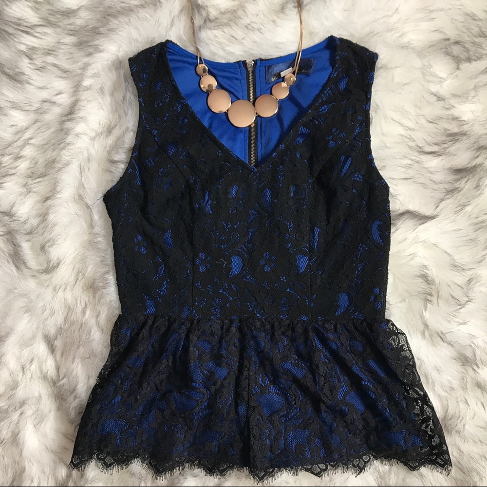 Blue and Black Lace Peplum Top NWOT