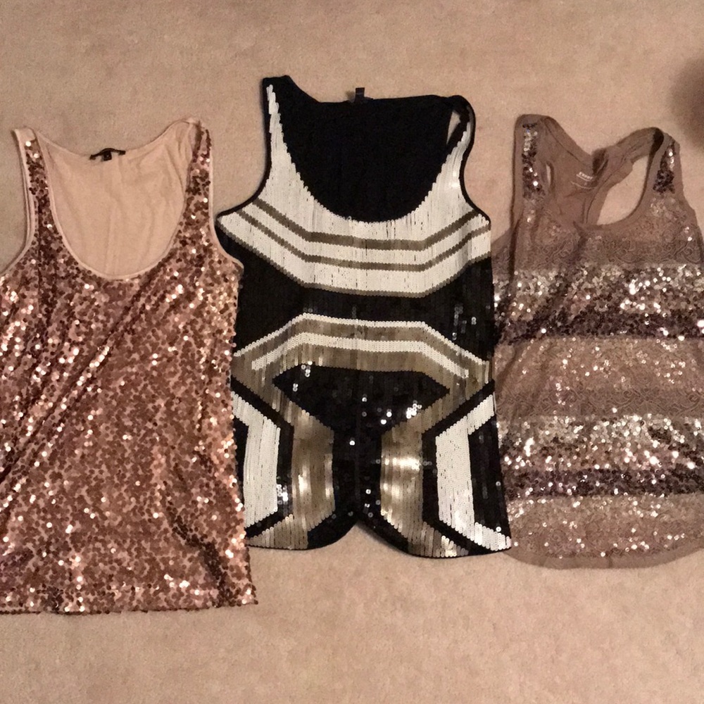 Three sequined tank tops from Express