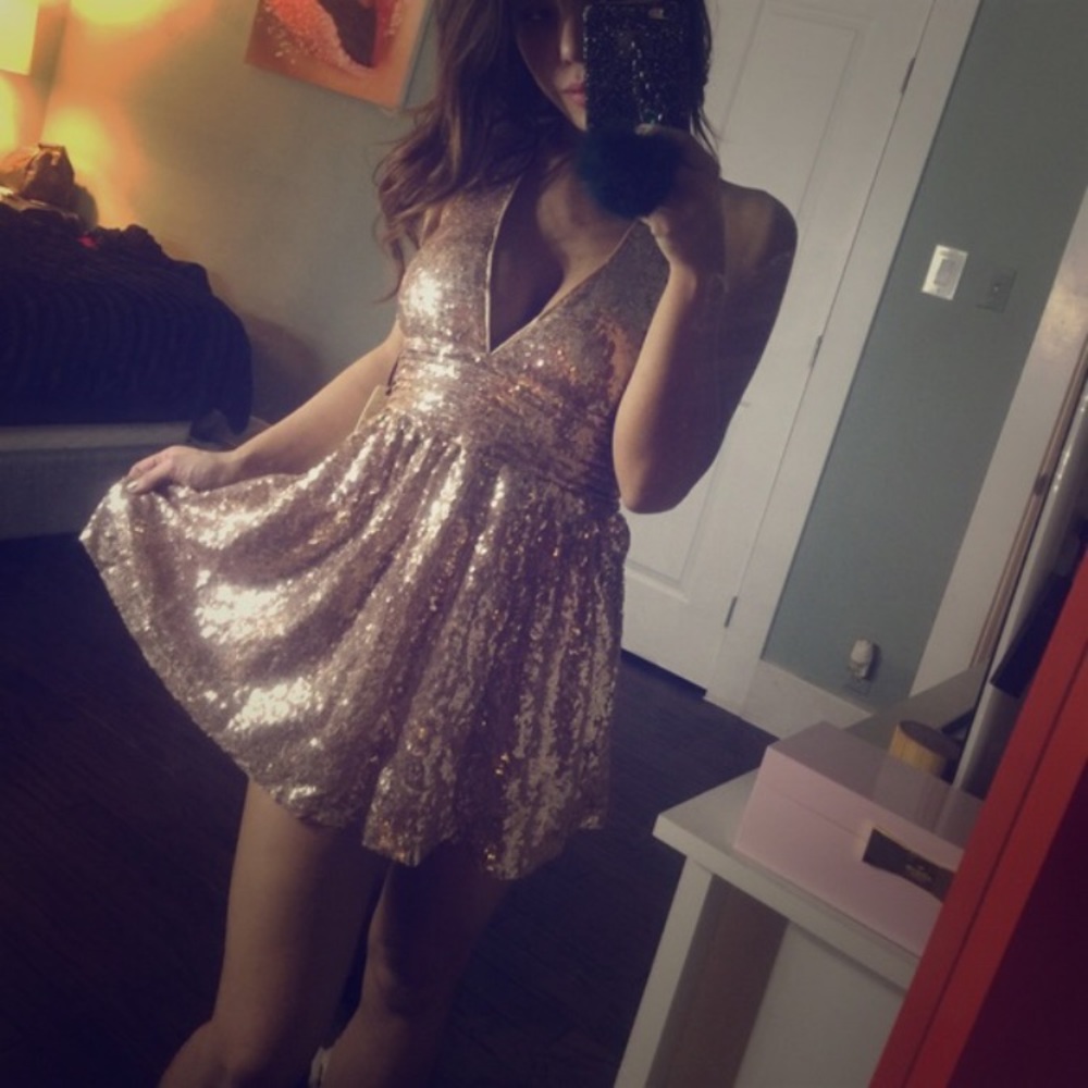 Gold sparkle sequin halter babydoll skater dress