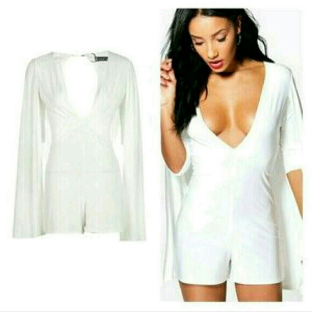 BooHoo White Caped 3/4 Sleeve Romper