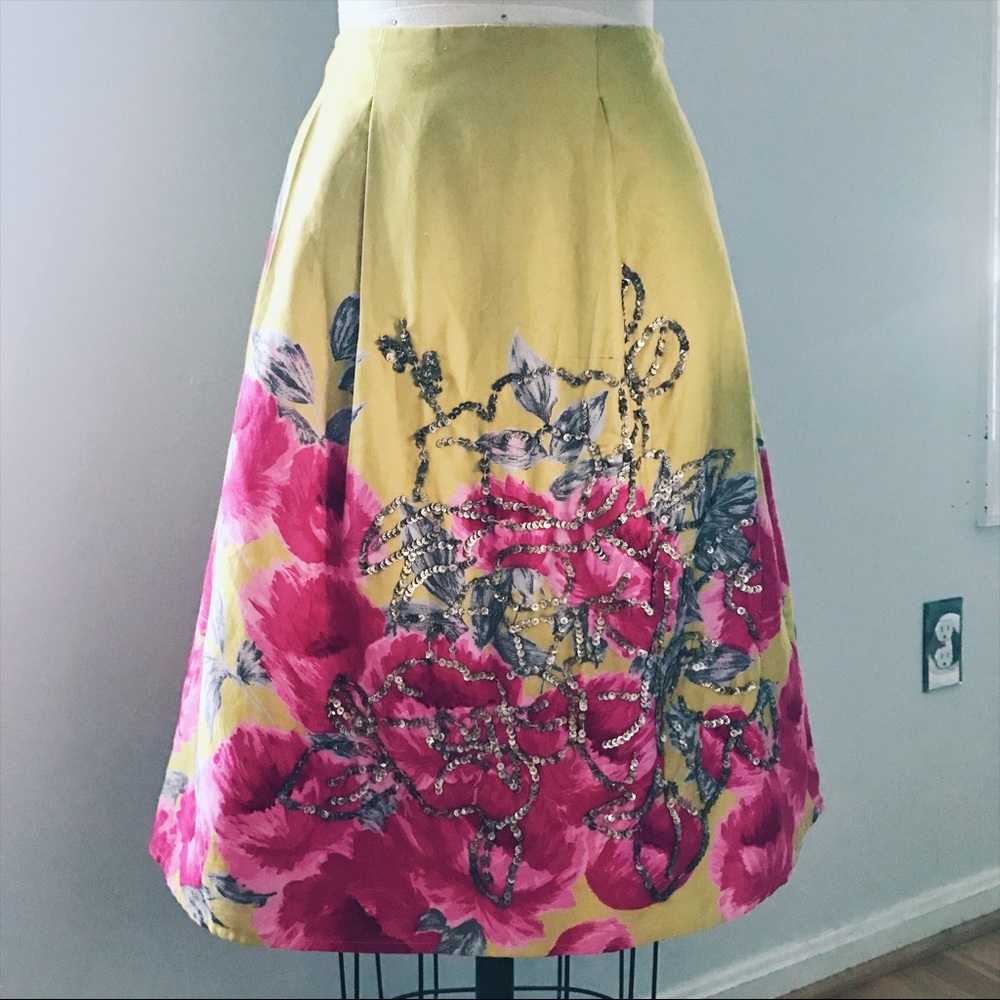 Anthropologie Odille Floral Beaded Skirt