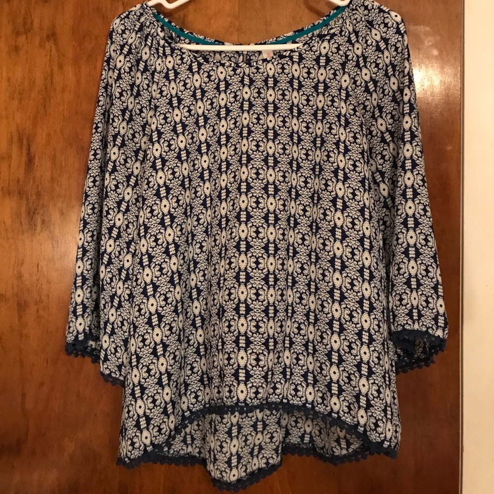 Blue and White, 3/4 Length sleeve Blouse