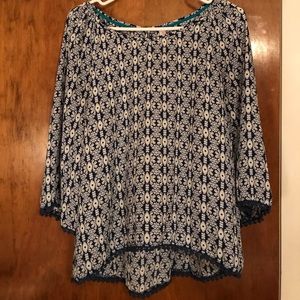 Blue and White, 3/4 Length sleeve Blouse