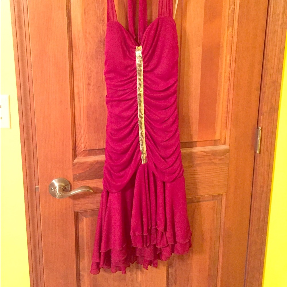 Burgundy homecoming dress with gold sequin details