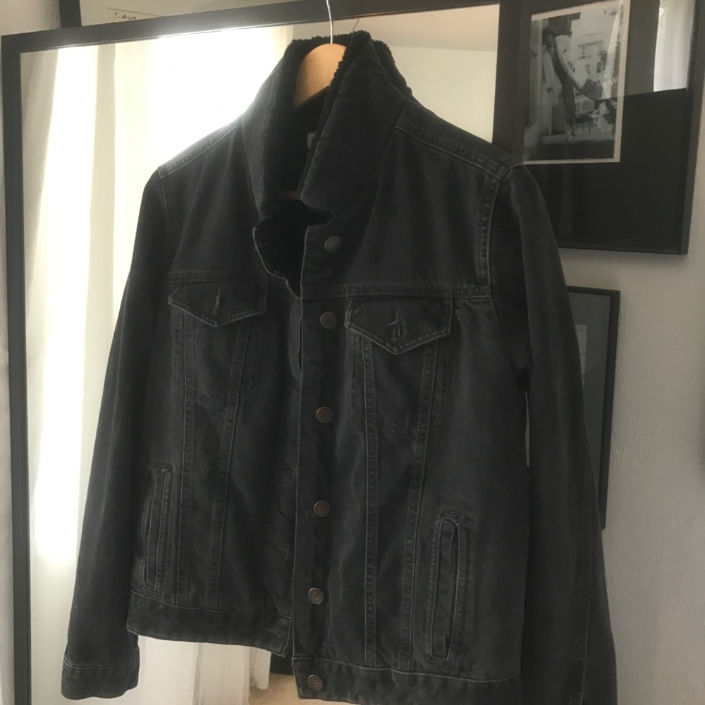 Topshop moto jean jacket with faux fur lining
