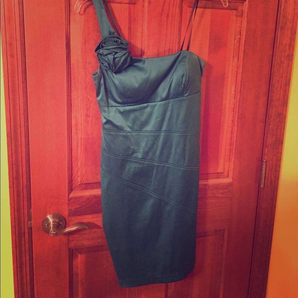 One shoulder teal homecoming or prom dress