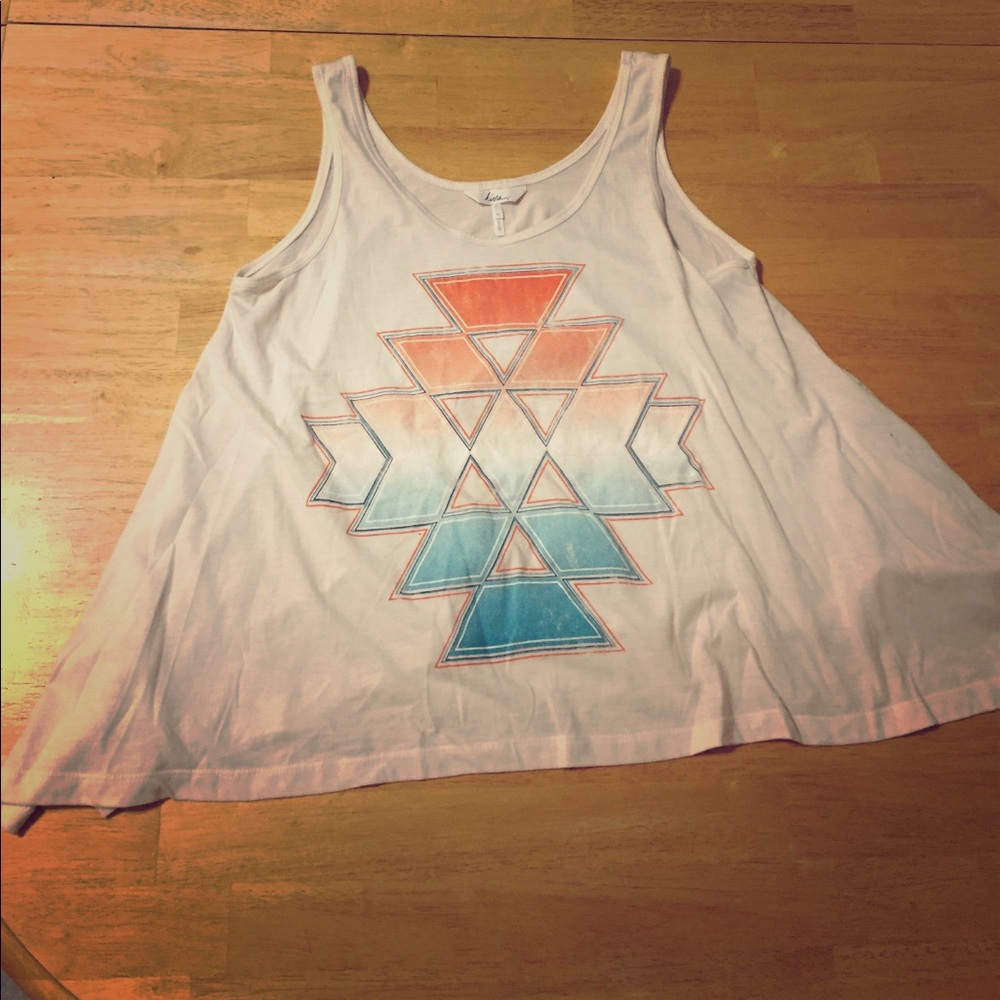 White tank top with blue and orange aztec print