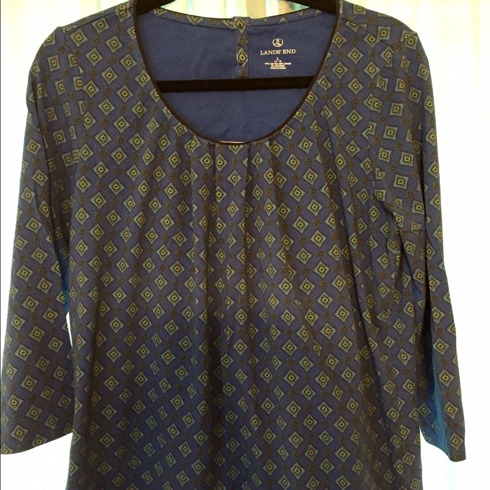 Lands End, 3/4 sleeve pleat neck shirt, size L