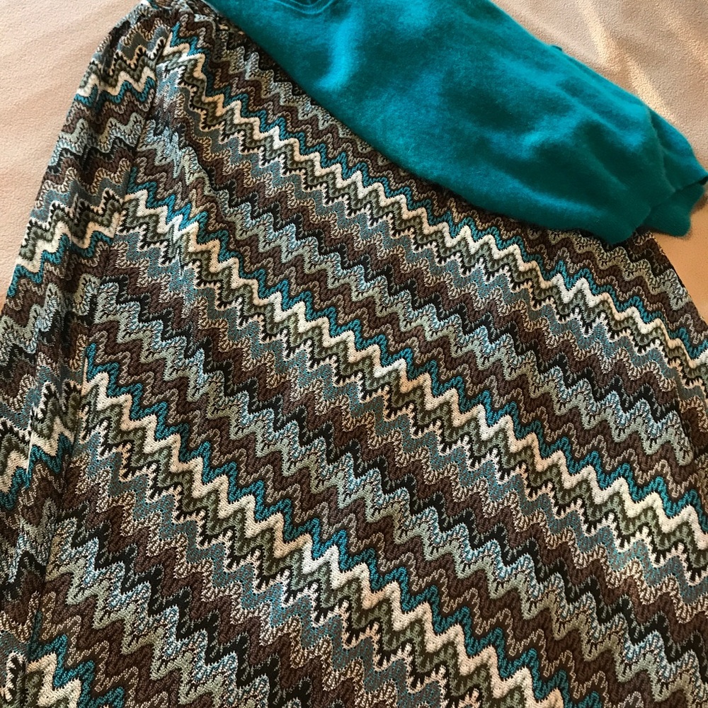 Midi Skirt, diagonal stripes in teal, sage & brown