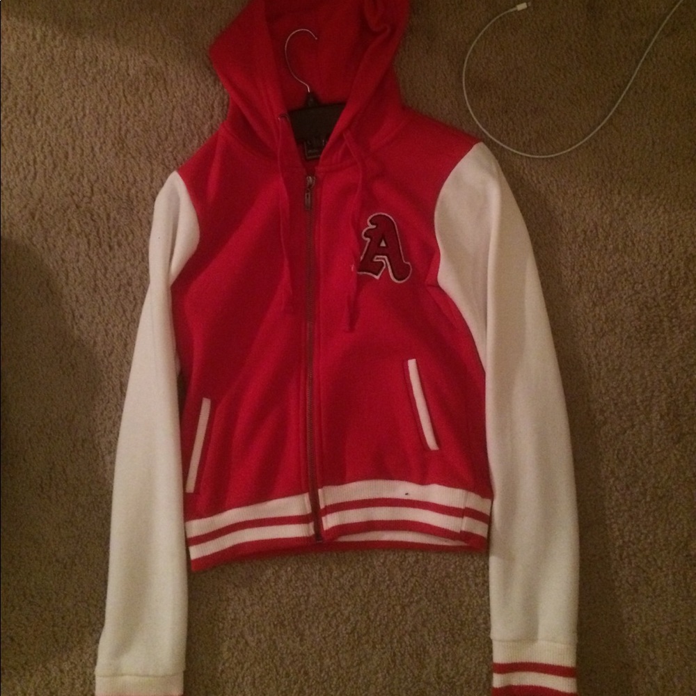 Red and white varsity jacket