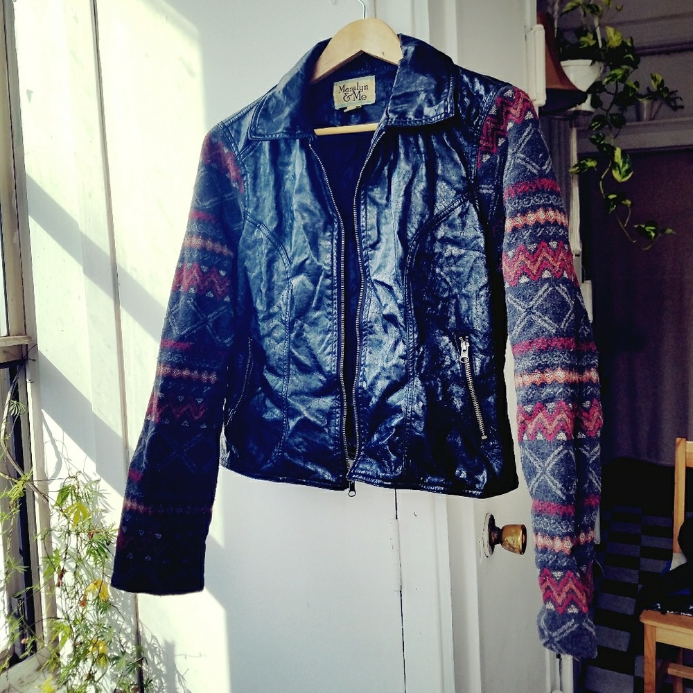 distressed faux leather patterned sleeve jacket