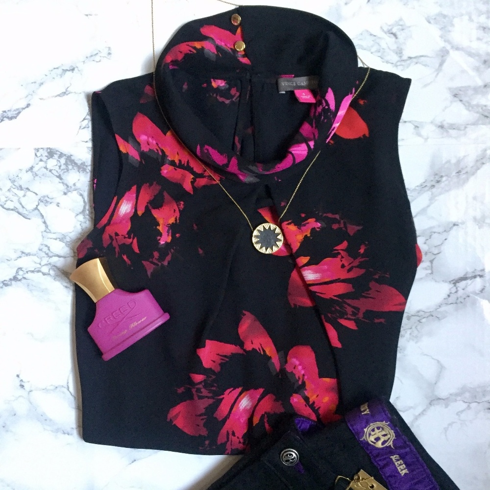 Vince Camuto black floral print tank blouse