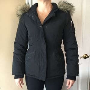 Black winter coat with faux fur hood
